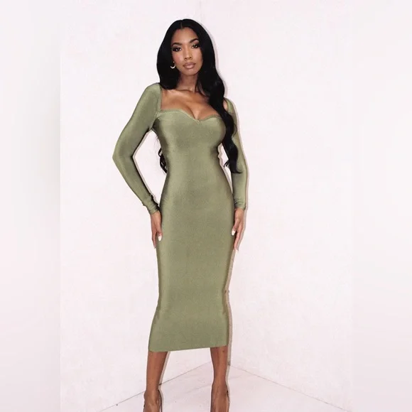 HOUSE OF CB 'Katalina' Olive Sweetheart Neckline Bandage Dress - Picture 3 of 13